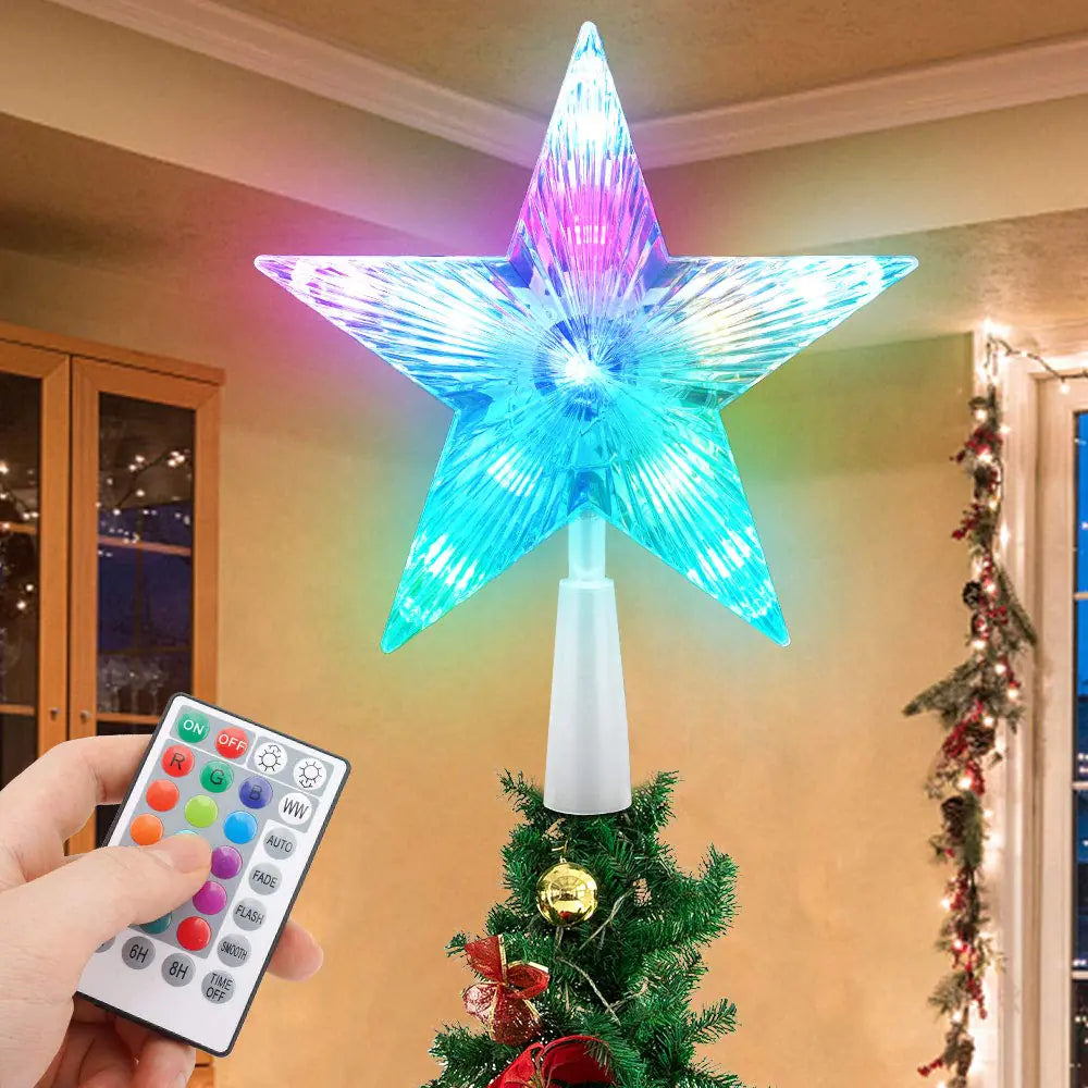 Christmas Tree Topper Star 7" LED Lighted Star Tree Top w/Remote Control 5-Point Star RGB Night Light Treetop Small Xmas Tree Decor for Christmas USB Plug in/Wire 9.84Ft