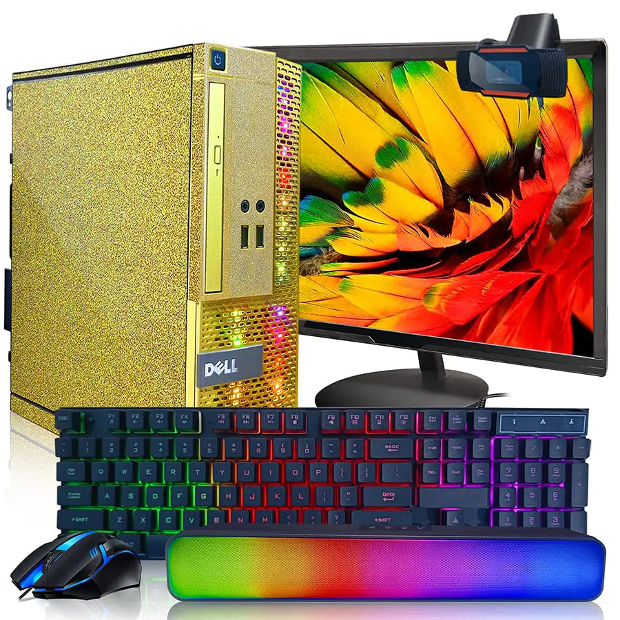 PC Gold Treasure Box RGB Dell Desktop Quad Core I5 up to 3.6G 16G 512G SSD WiFi Bluetooth 4.0 RGB Gaming Keyboard & Mouse DVD New 22" 1080 FHD LED RGB Sound Bar Webcam Win 10 Pro (Renewed)