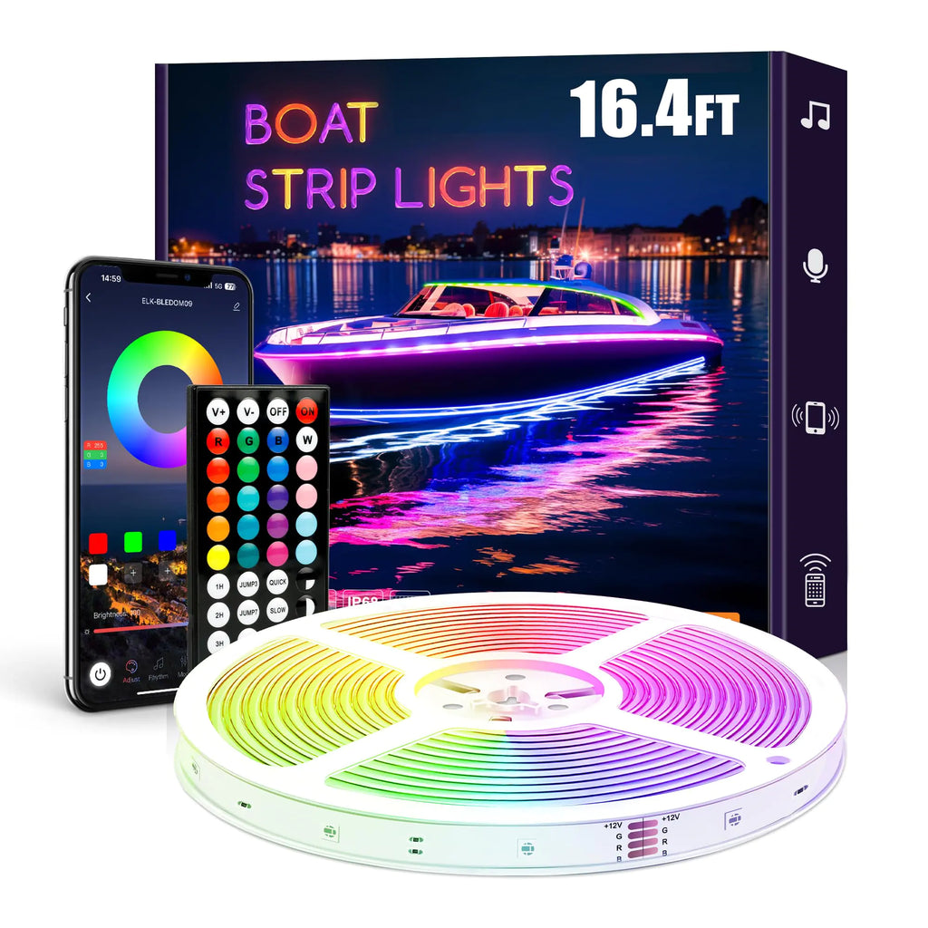 Flupuro Smart LED Boat Strip Lights 16.4ft RGB Marine LED Lights IP68 Waterproof Boat Interior Light Boat Navigation Lights 12V Boat Night Fishing Lights Outdoor Boat Accessories Decor