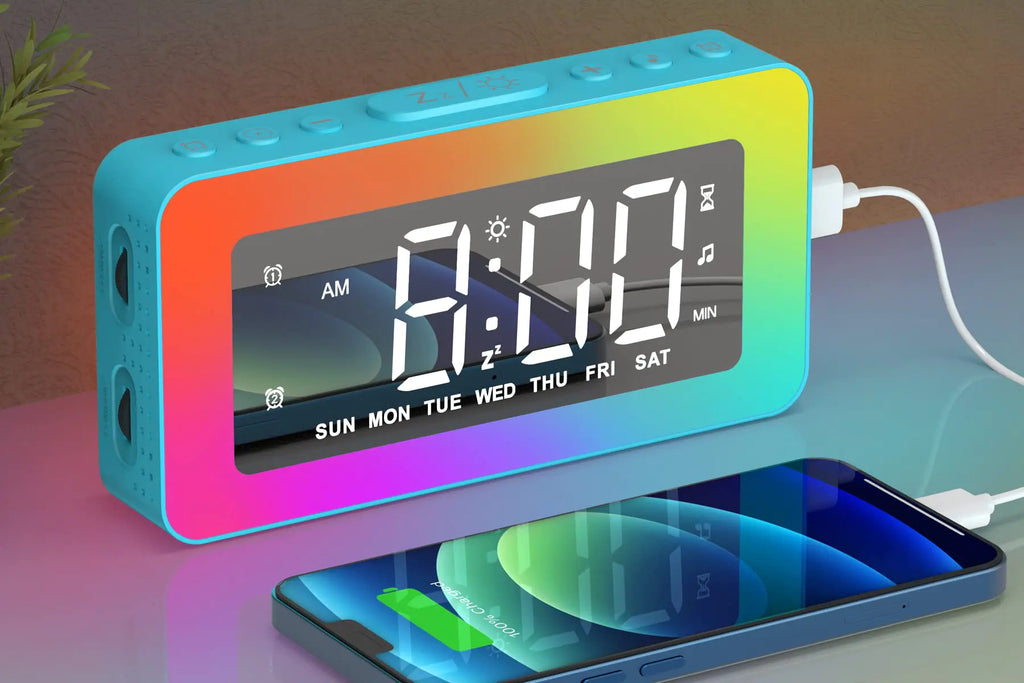 AFEXOA RGB Night Light Alarm Clock for Kids Teenagers Adults Mirrored Clock with Dual Alarms Snooze LED Display USB Charger Small Dimmable Alarms for Bedtime